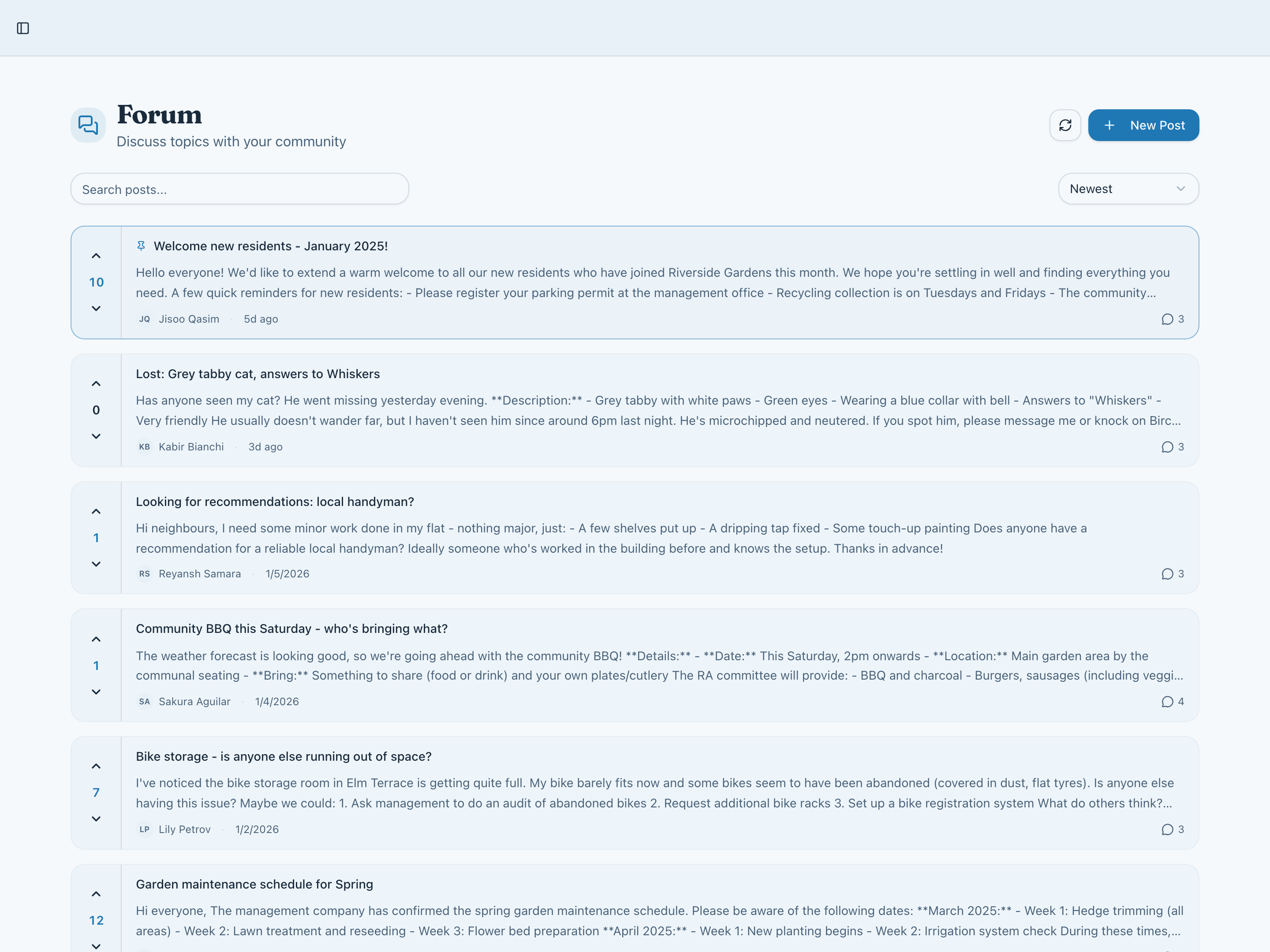 The forum: a list of posts with votes, authors and comment counts.