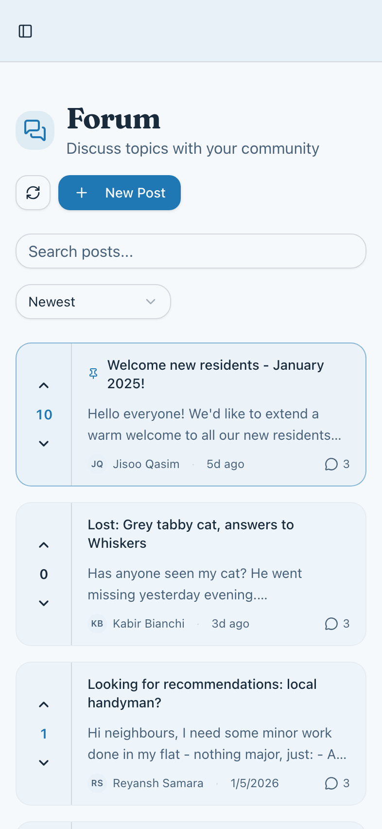 The forum: a list of posts with votes, authors and comment counts.