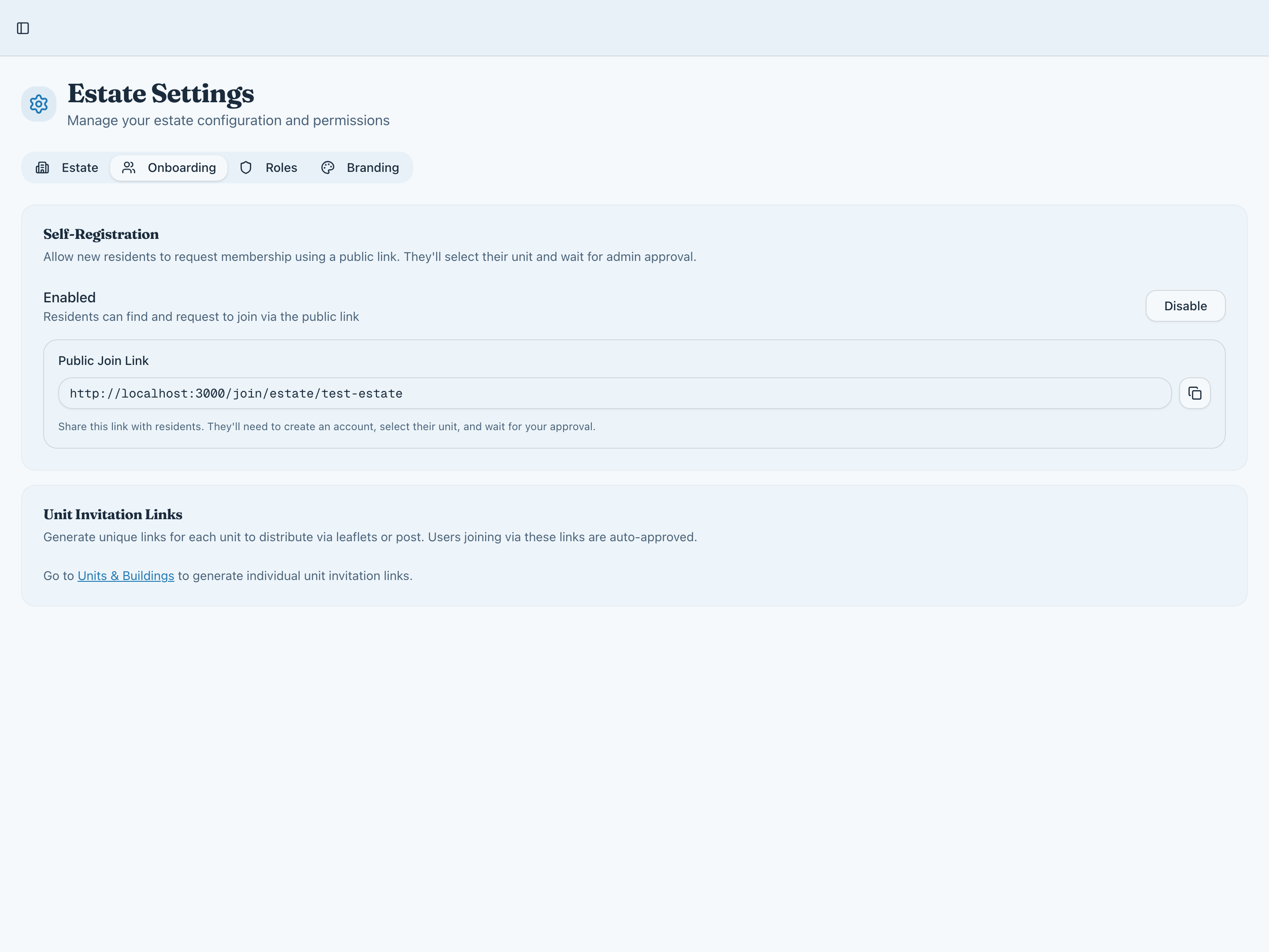 Onboarding settings: the public join link and unit invitation links.