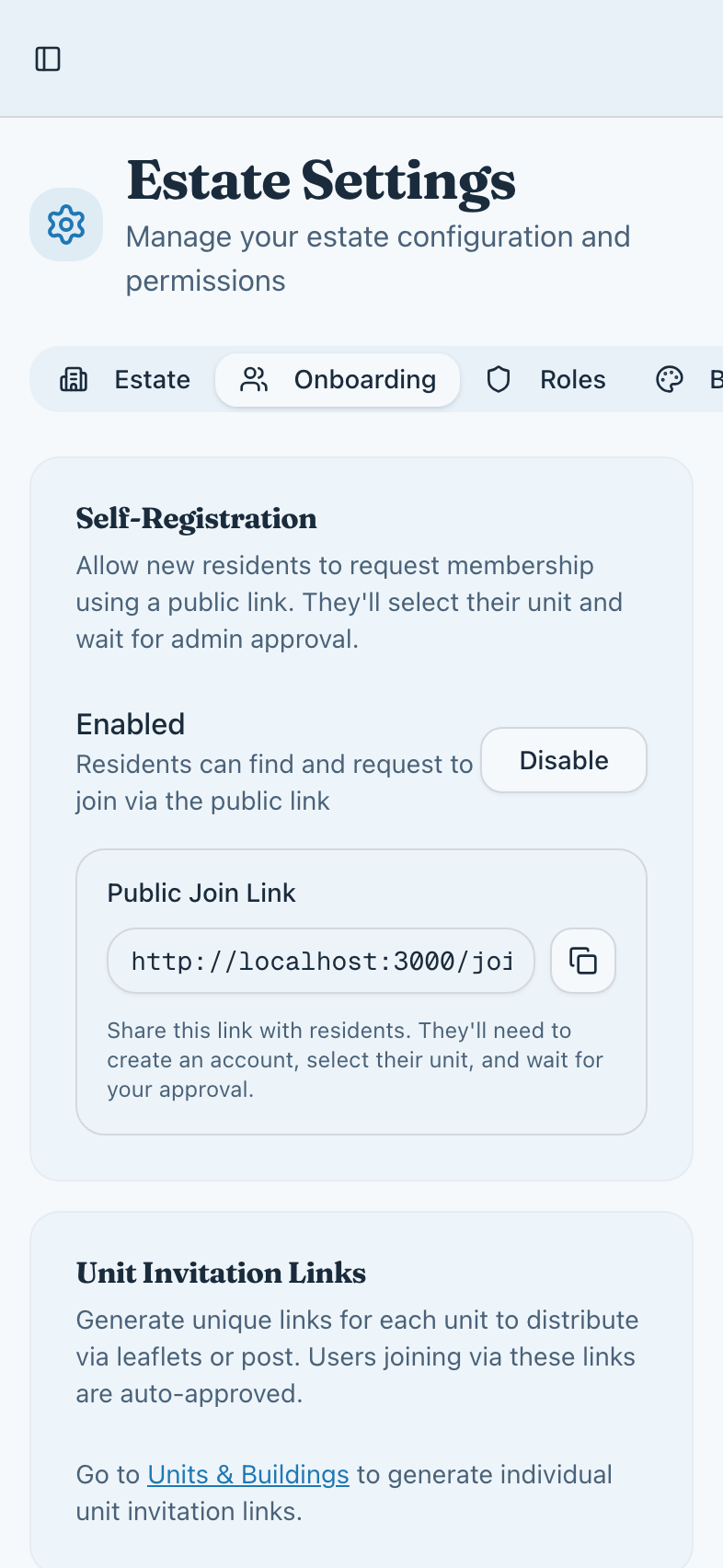 Onboarding settings: the public join link and unit invitation links.
