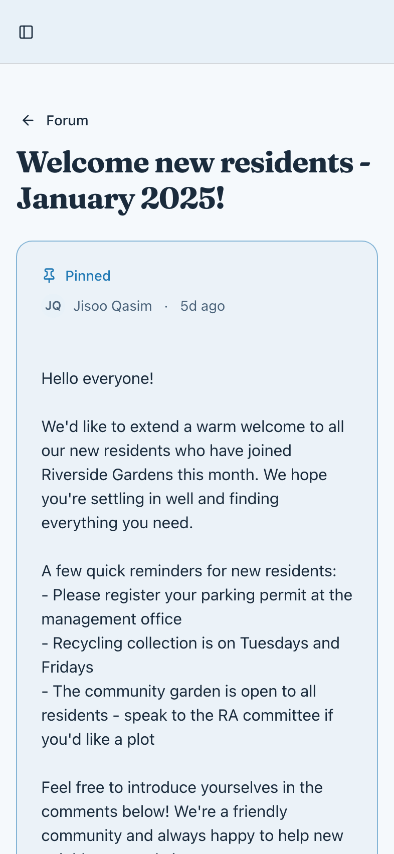 A pinned forum post with its comments.