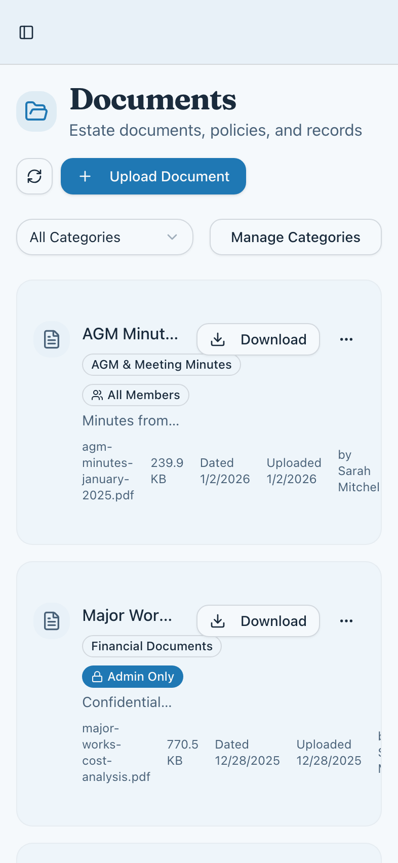 Documents marked for all members, the committee, or admins only.