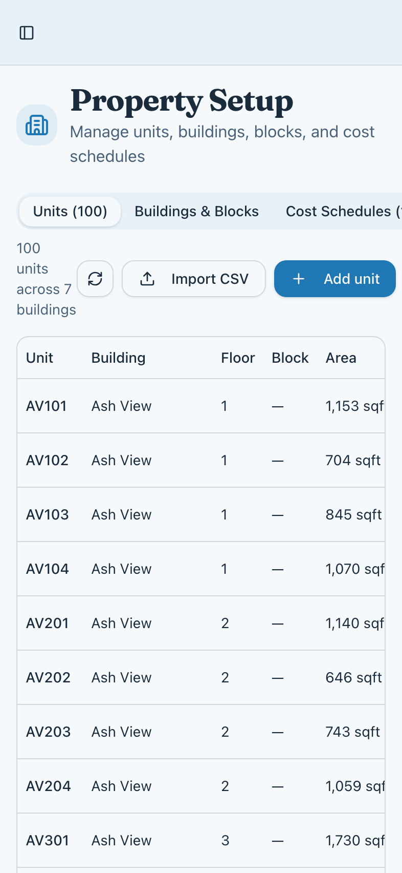 Property setup: units with their building, floor and area.