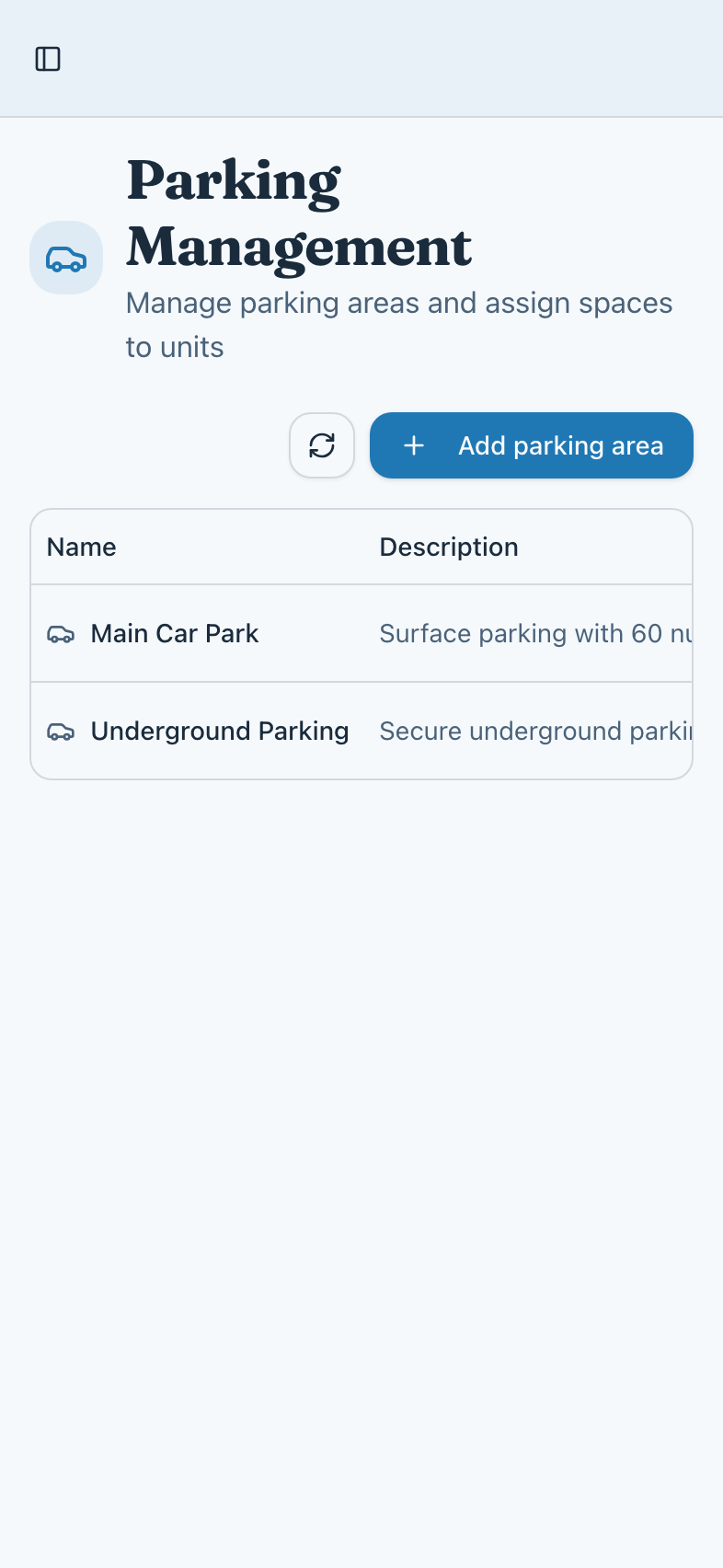 Parking management: two parking areas with their total and assigned spaces.