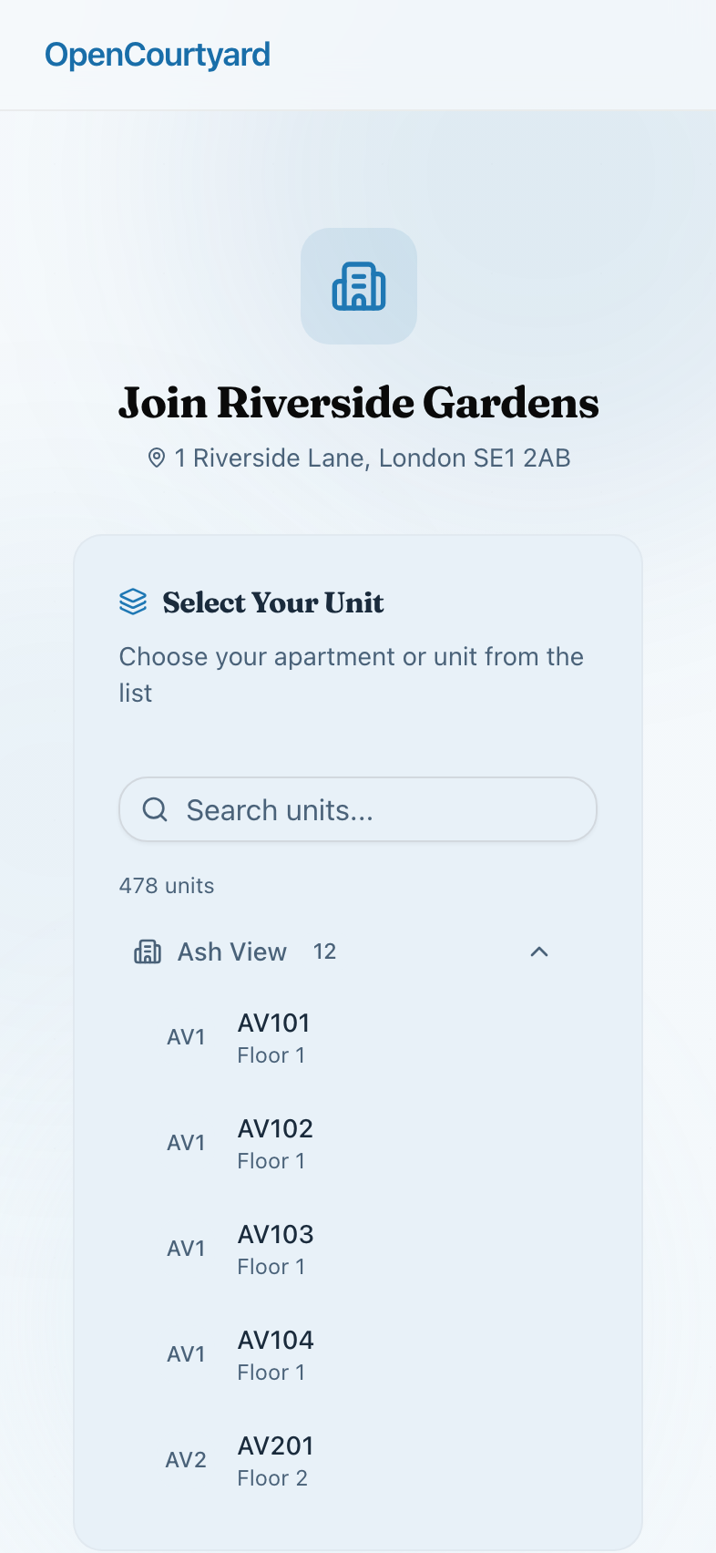 Open registration: a searchable list of units grouped by building.